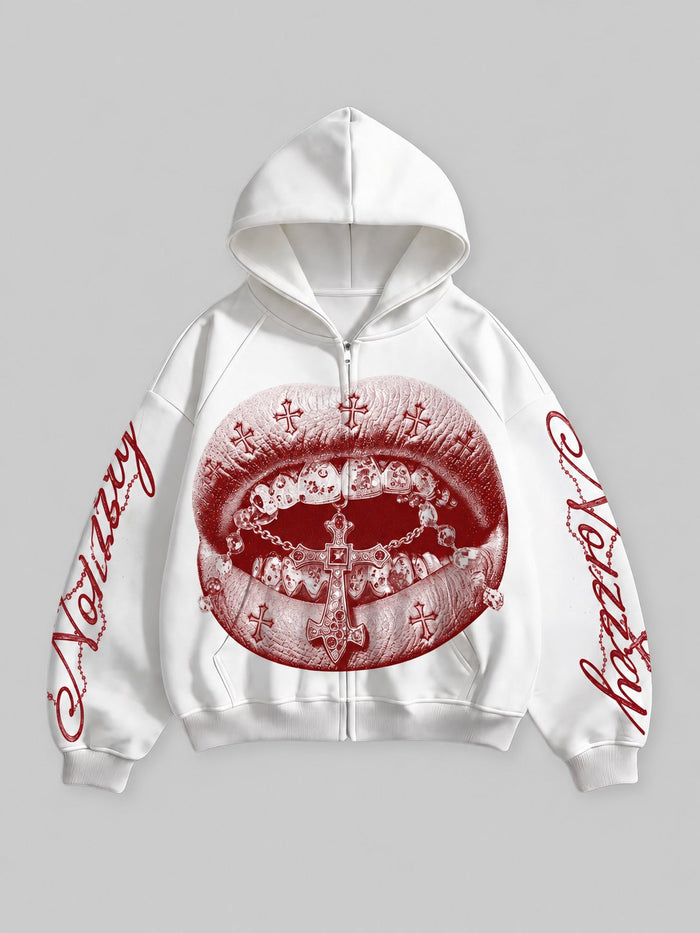 Red Print Cross Grills Beyaz Unisex Fermuarlı Sweatshirt