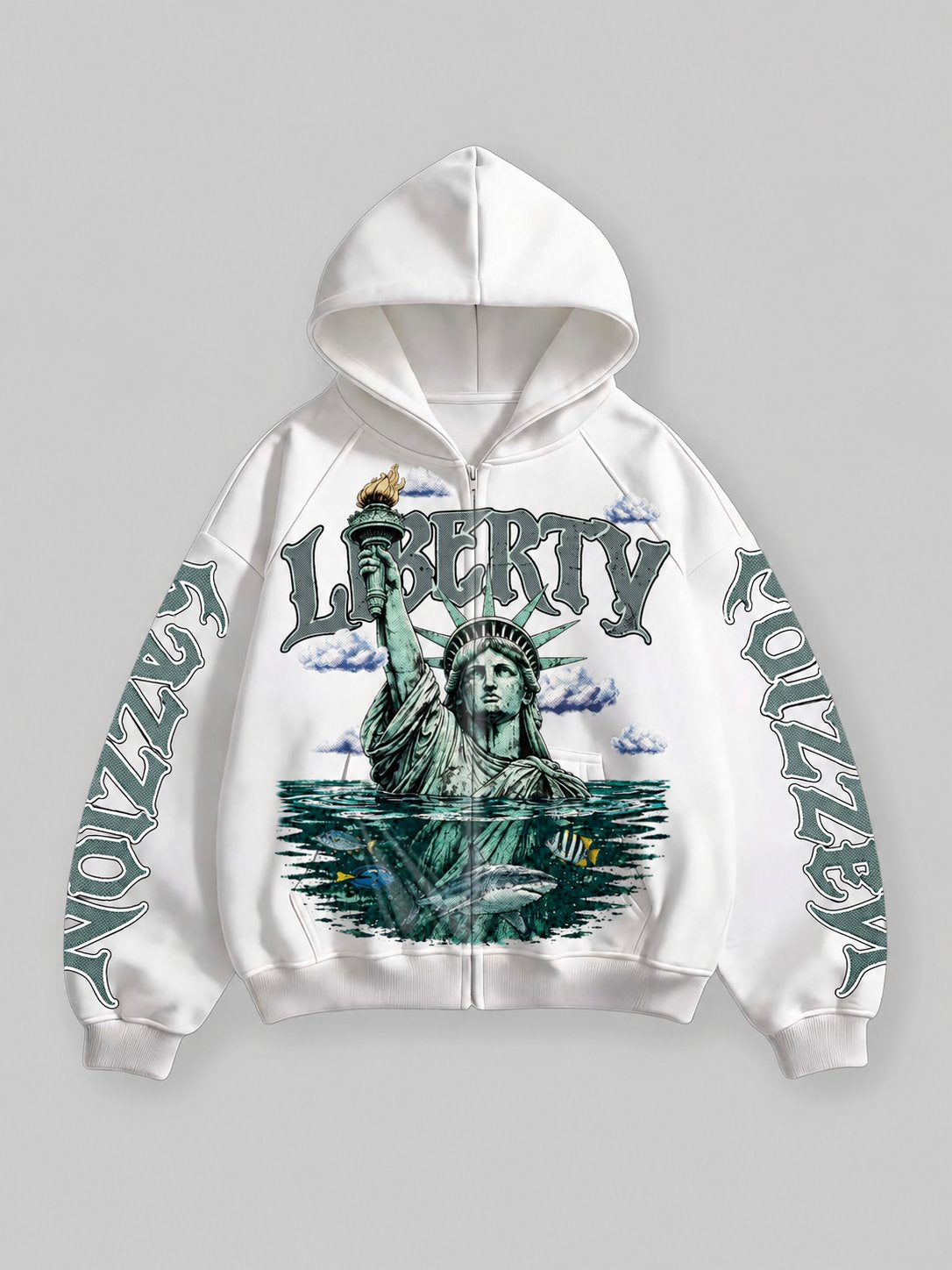 Liberty Beyaz Unisex Fermuarlı Sweatshirt