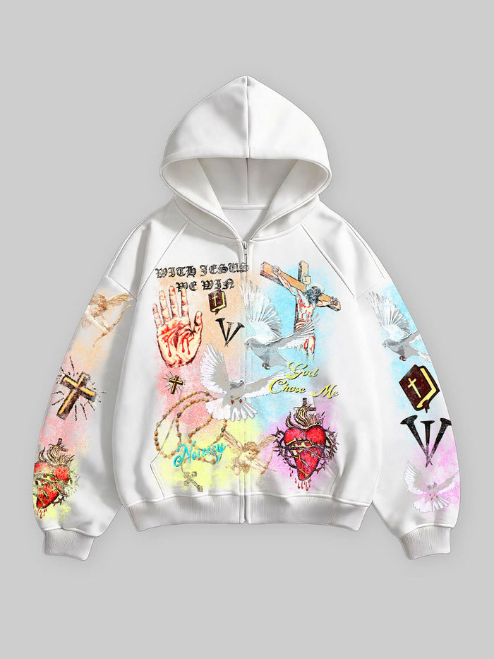 Kutsal Kalp Güvercin Beyaz Unisex Fermuarlı Sweatshirt
