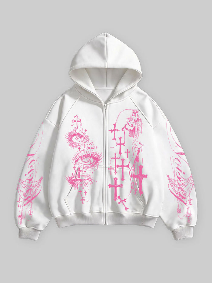 Pembe Haç Göz Beyaz Unisex Fermuarlı Sweatshirt