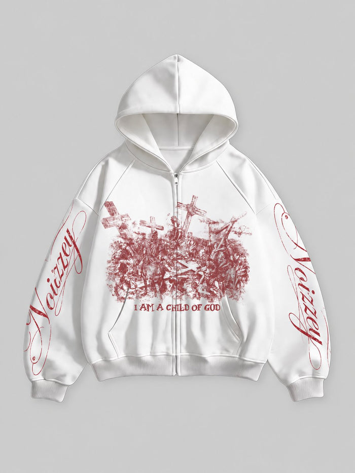 Red Pilgrimage Cross Beyaz Unisex Fermuarlı Sweatshirt