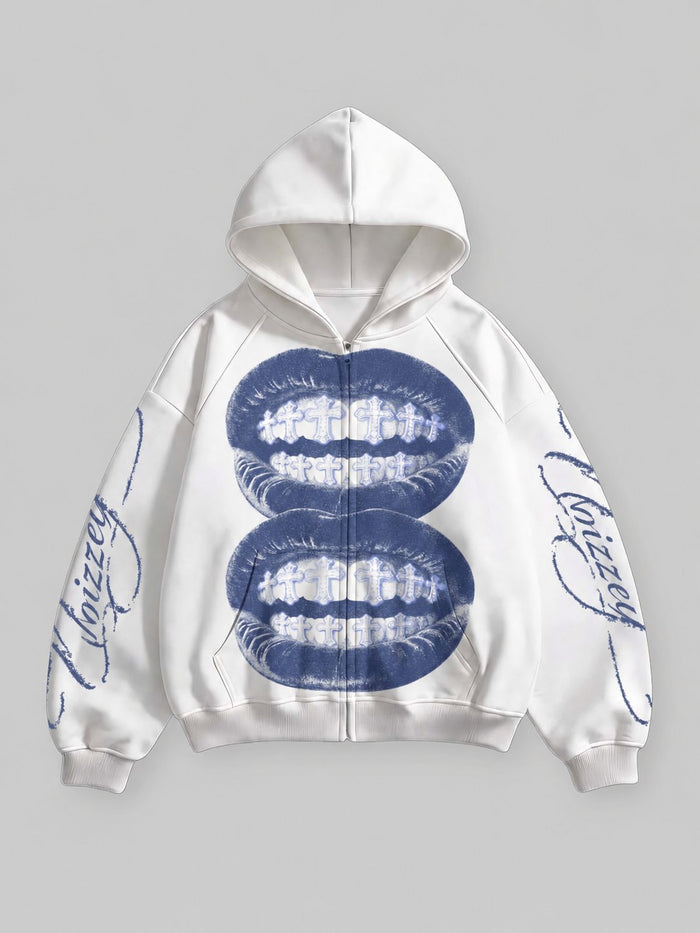 Blue Monochrome Cross Lips Beyaz Unisex Fermuarlı Sweatshirt