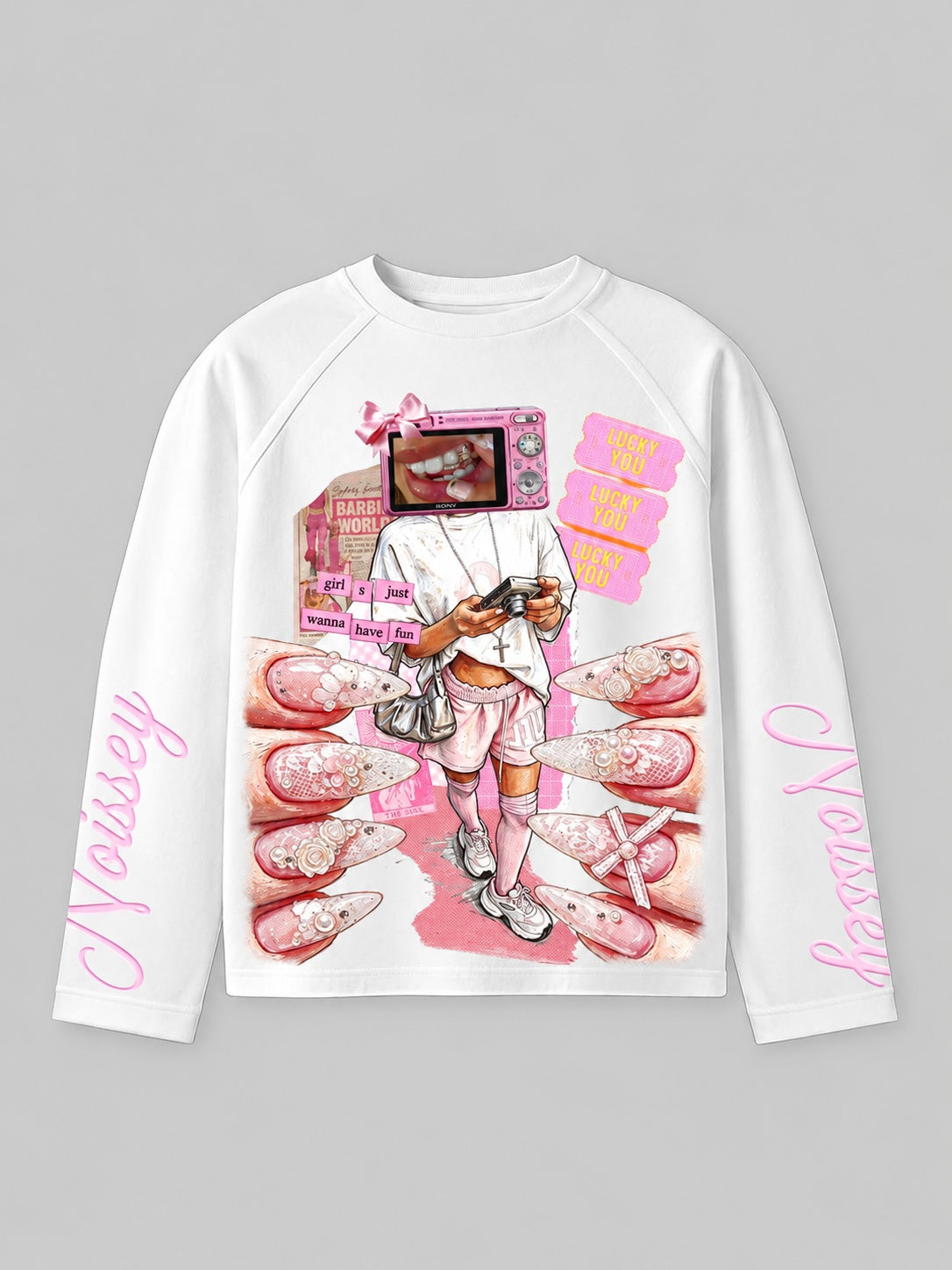Pembe Kamera Kız Beyaz Unisex Uzun Kollu Tişört