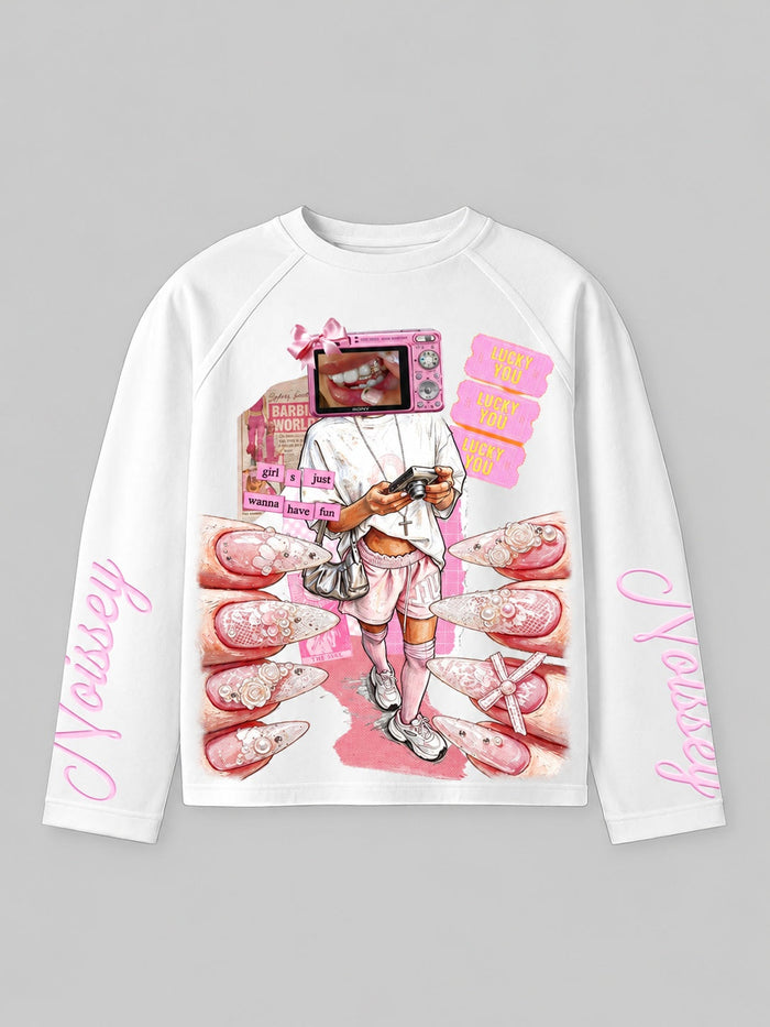 Pembe Kamera Kız Beyaz Unisex Uzun Kollu Tişört