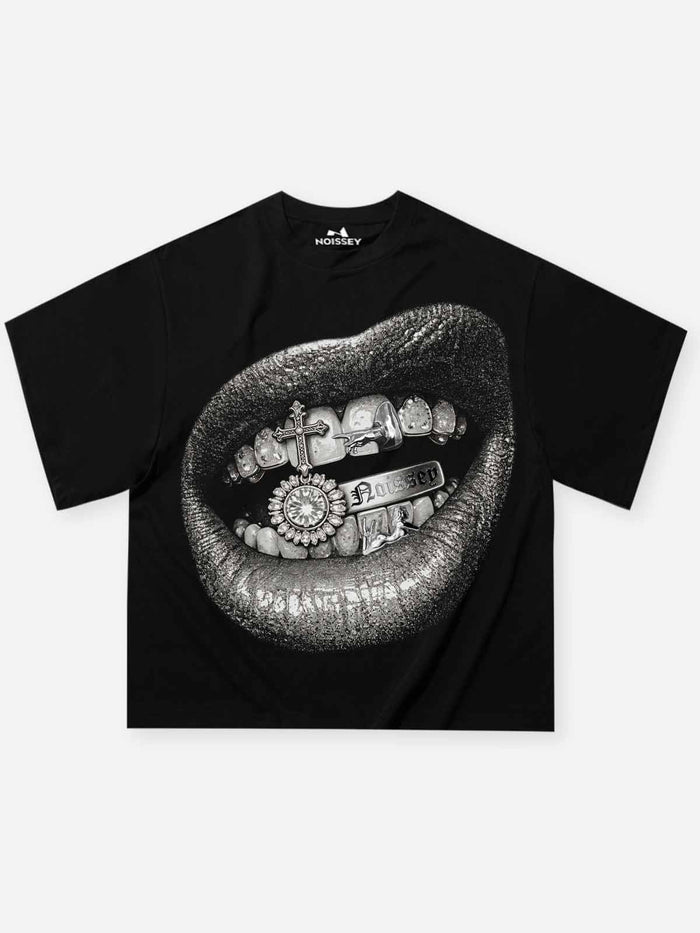 Silver Grillz Lips Siyah Unisex Tişört