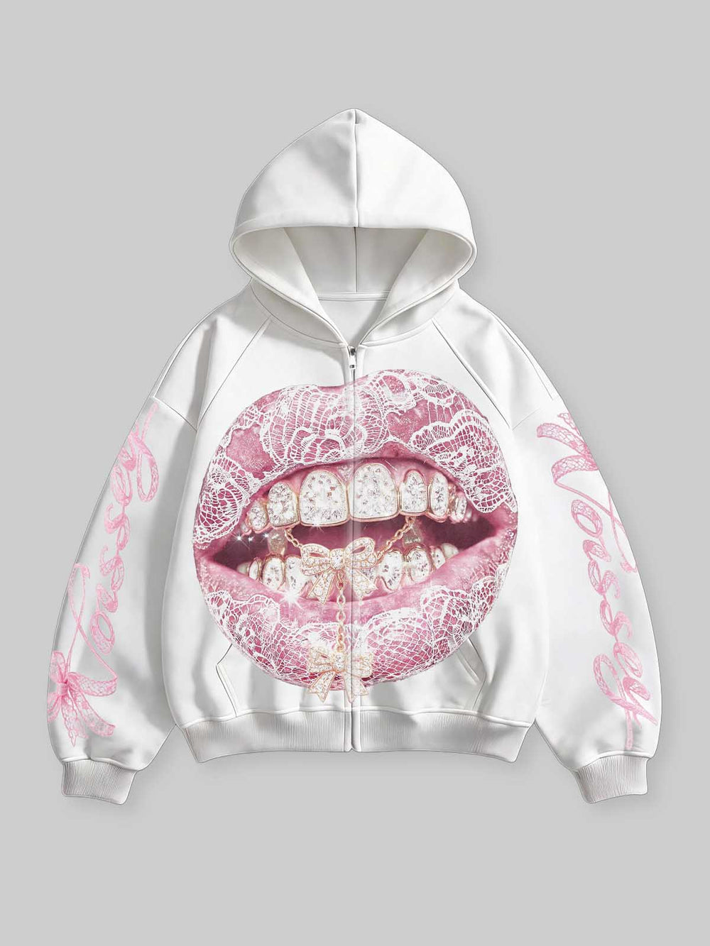 Pembe Fiyonk Dudak Beyaz Unisex Fermuarlı Sweatshirt