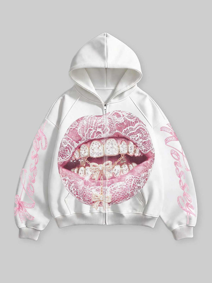 Pembe Fiyonk Dudak Beyaz Unisex Fermuarlı Sweatshirt