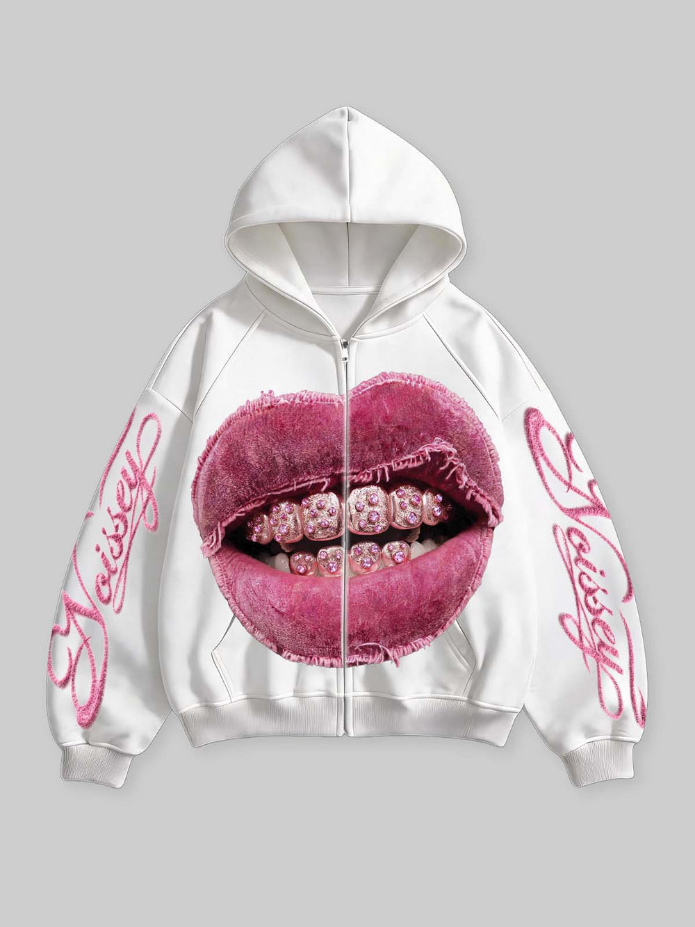Eskitme Pembe Dudak Beyaz Unisex Fermuarlı Sweatshirt