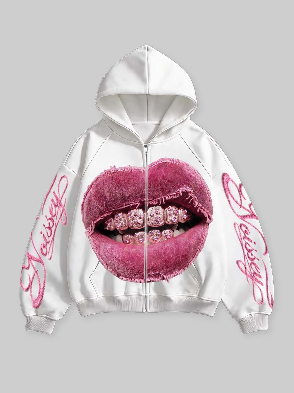 Eskitme Pembe Dudak Beyaz Unisex Fermuarlı Sweatshirt