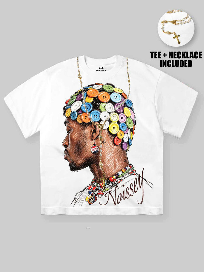 Button Necklace Beyaz Unisex Tişört