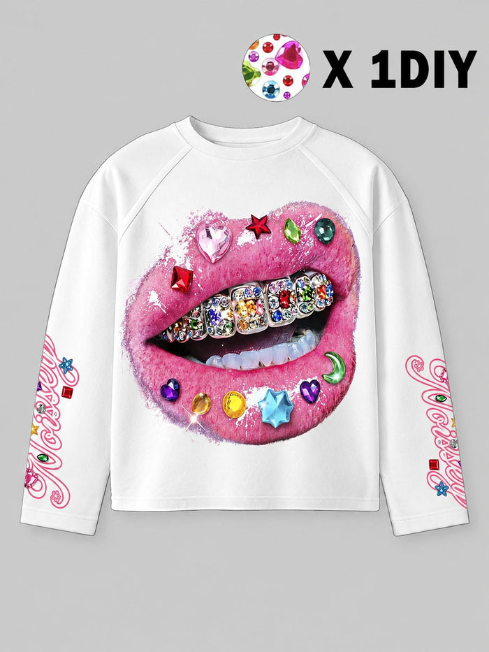 Pembe Grillz Dudak Beyaz Unisex Uzun Kollu Tişört