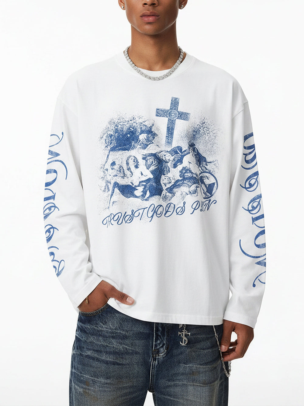 Trust God's Plan Mavi Unisex Uzun Kollu Tişört