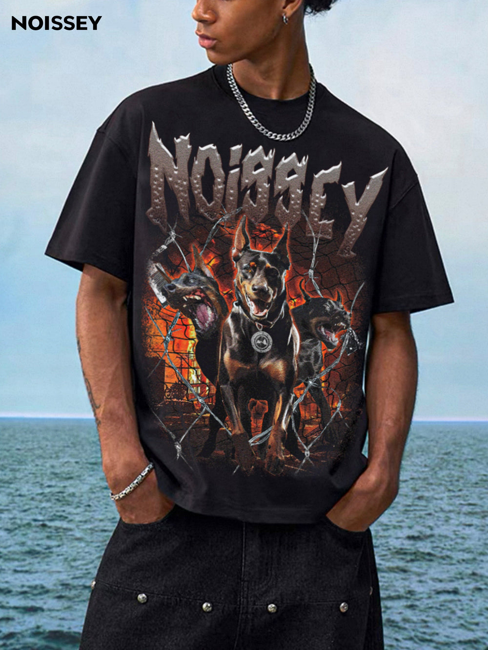 Three-Headed Doberman Breaking Through Barbed Wire Unisex Tişört
