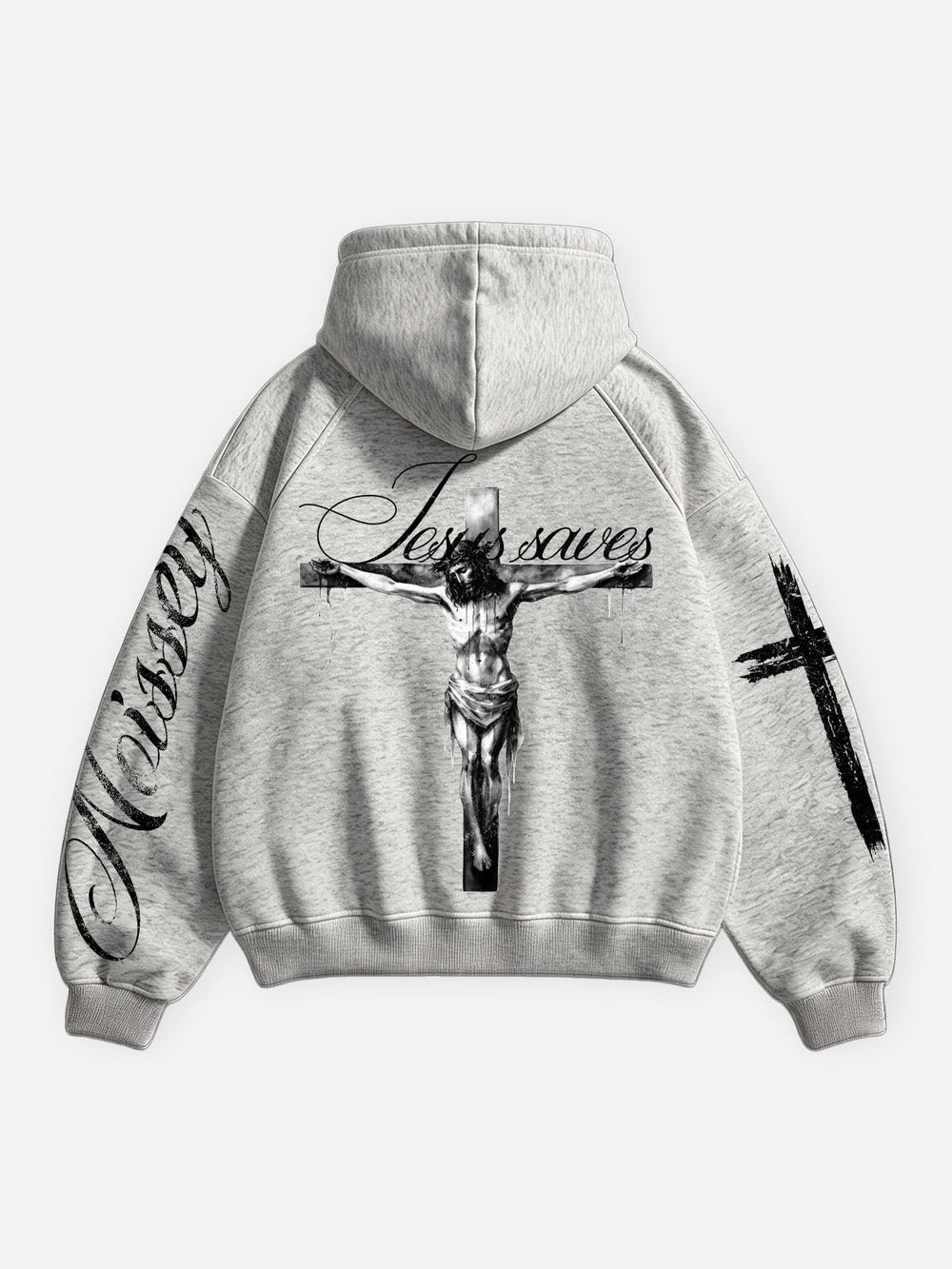 Eskitme Dini Haç Melanj Gri Unisex Fermuarlı Sweatshirt