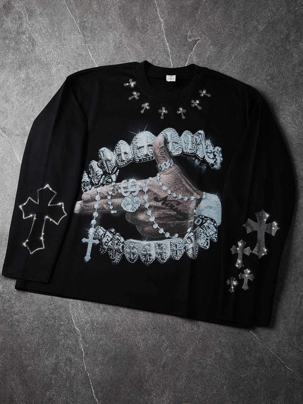 Iced-out Rosary Siyah Unisex Uzun Kollu Tişört