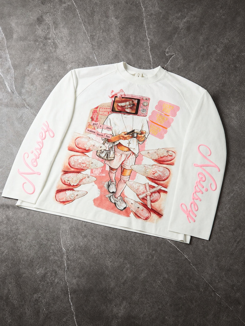 Pembe Kamera Kız Beyaz Unisex Uzun Kollu Tişört