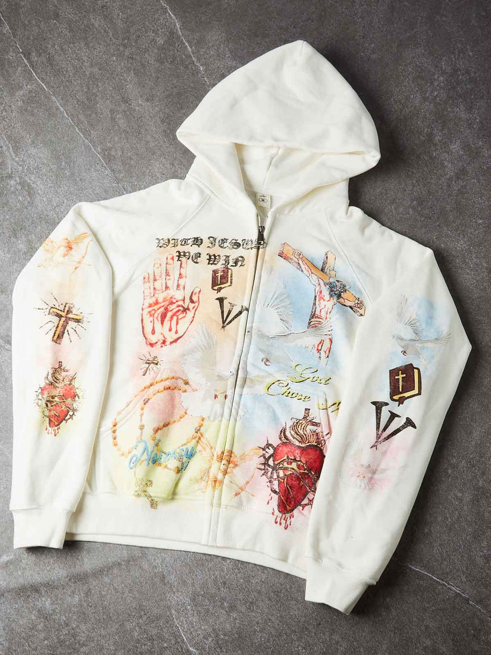Kutsal Kalp Güvercin Beyaz Unisex Fermuarlı Sweatshirt