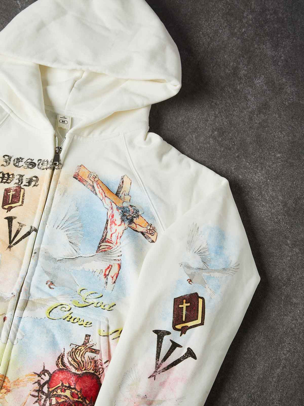 Kutsal Kalp Güvercin Beyaz Unisex Fermuarlı Sweatshirt