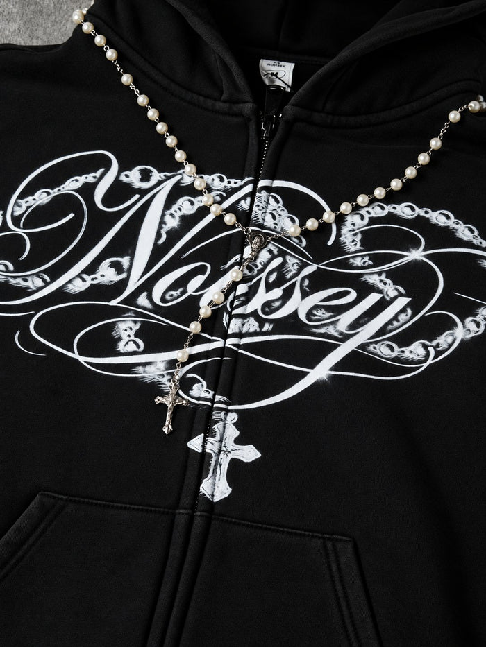 İnci Kolye Siyah Unisex Fermuarlı Sweatshirt