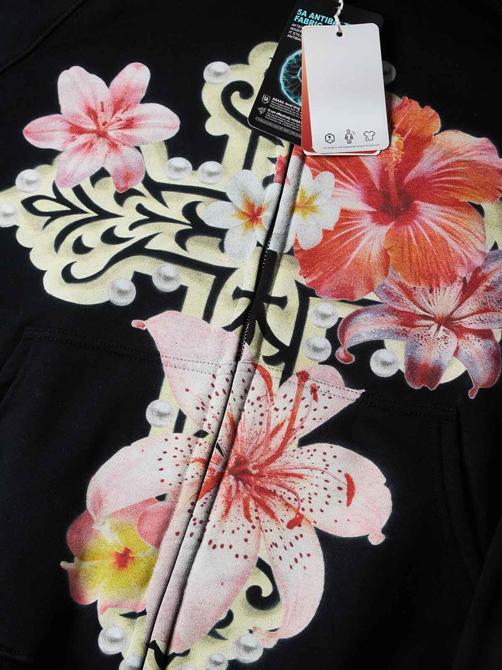 Çiçekli Haç Siyah Unisex Fermuarlı Sweatshirt