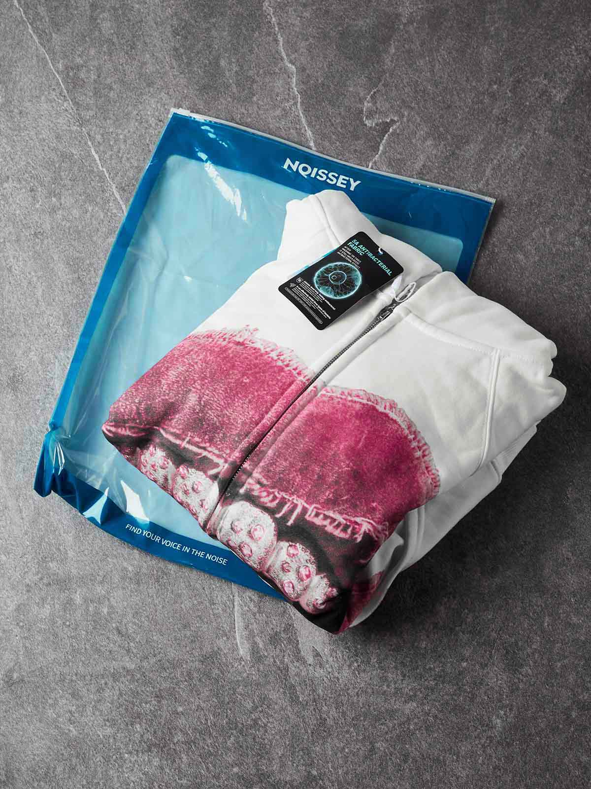 Eskitme Pembe Dudak Beyaz Unisex Fermuarlı Sweatshirt