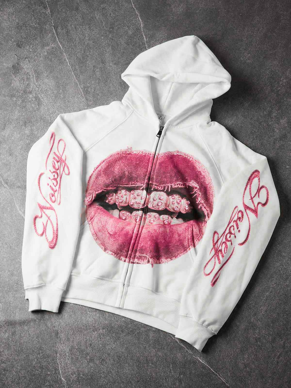 Eskitme Pembe Dudak Beyaz Unisex Fermuarlı Sweatshirt