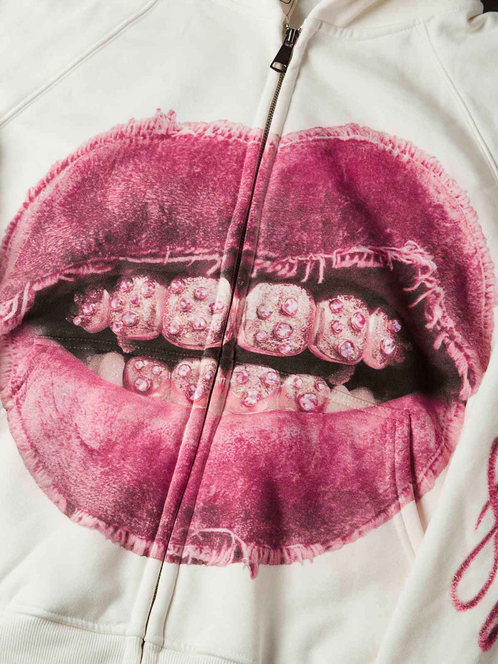 Eskitme Pembe Dudak Beyaz Unisex Fermuarlı Sweatshirt