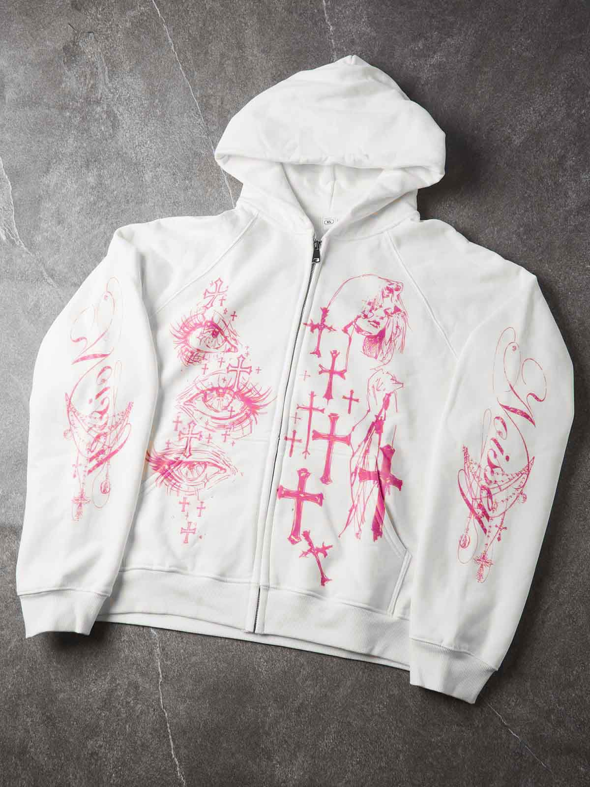 Pembe Haç Göz Beyaz Unisex Fermuarlı Sweatshirt
