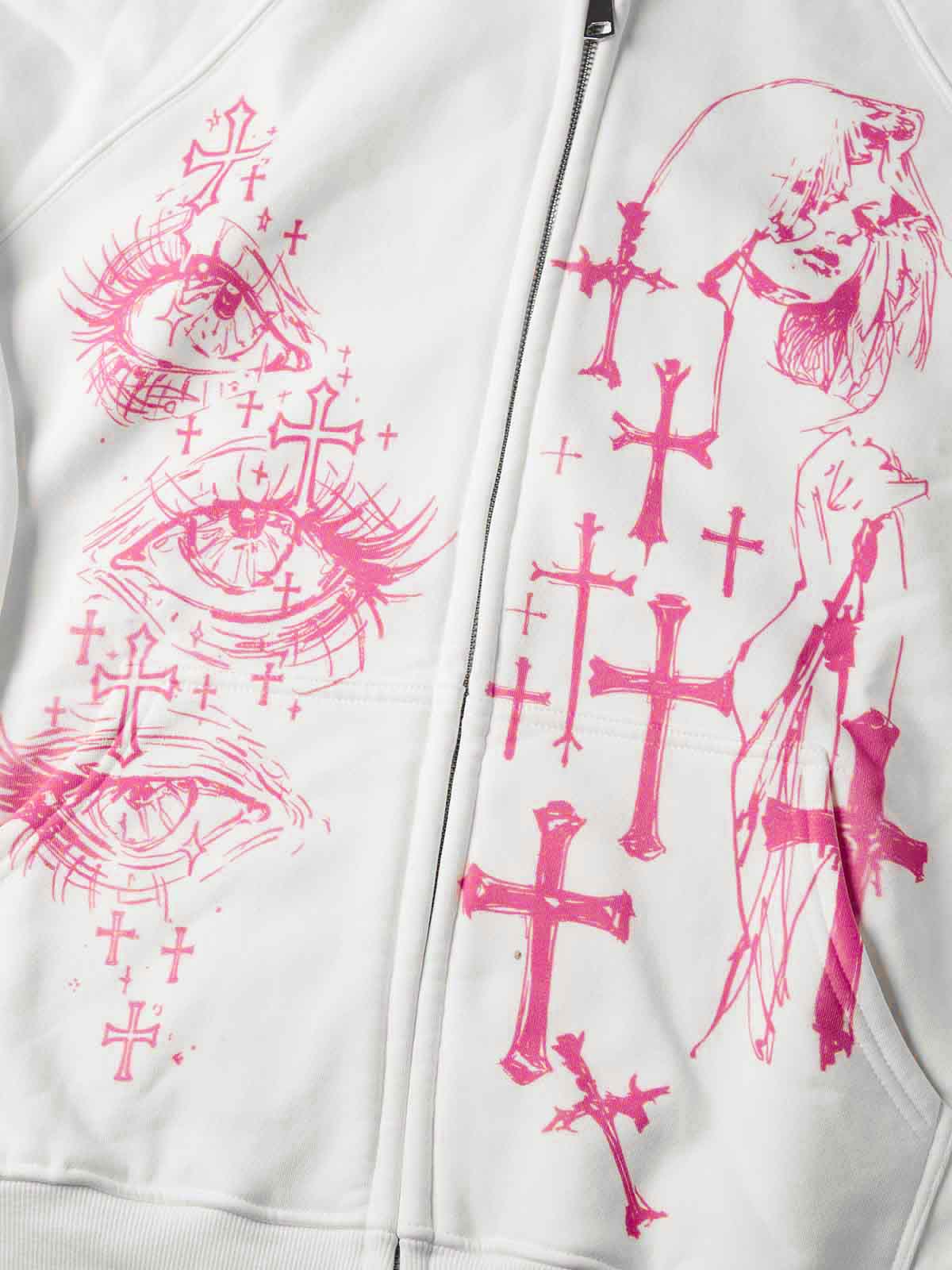 Pembe Haç Göz Beyaz Unisex Fermuarlı Sweatshirt
