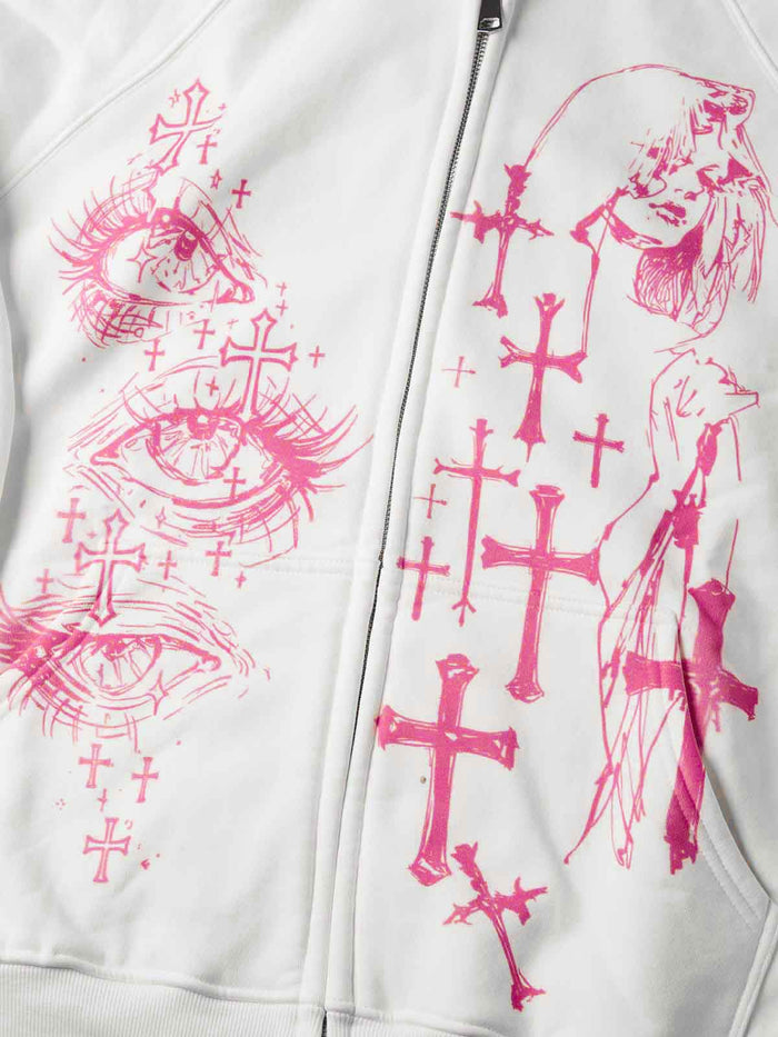 Pembe Haç Göz Beyaz Unisex Fermuarlı Sweatshirt