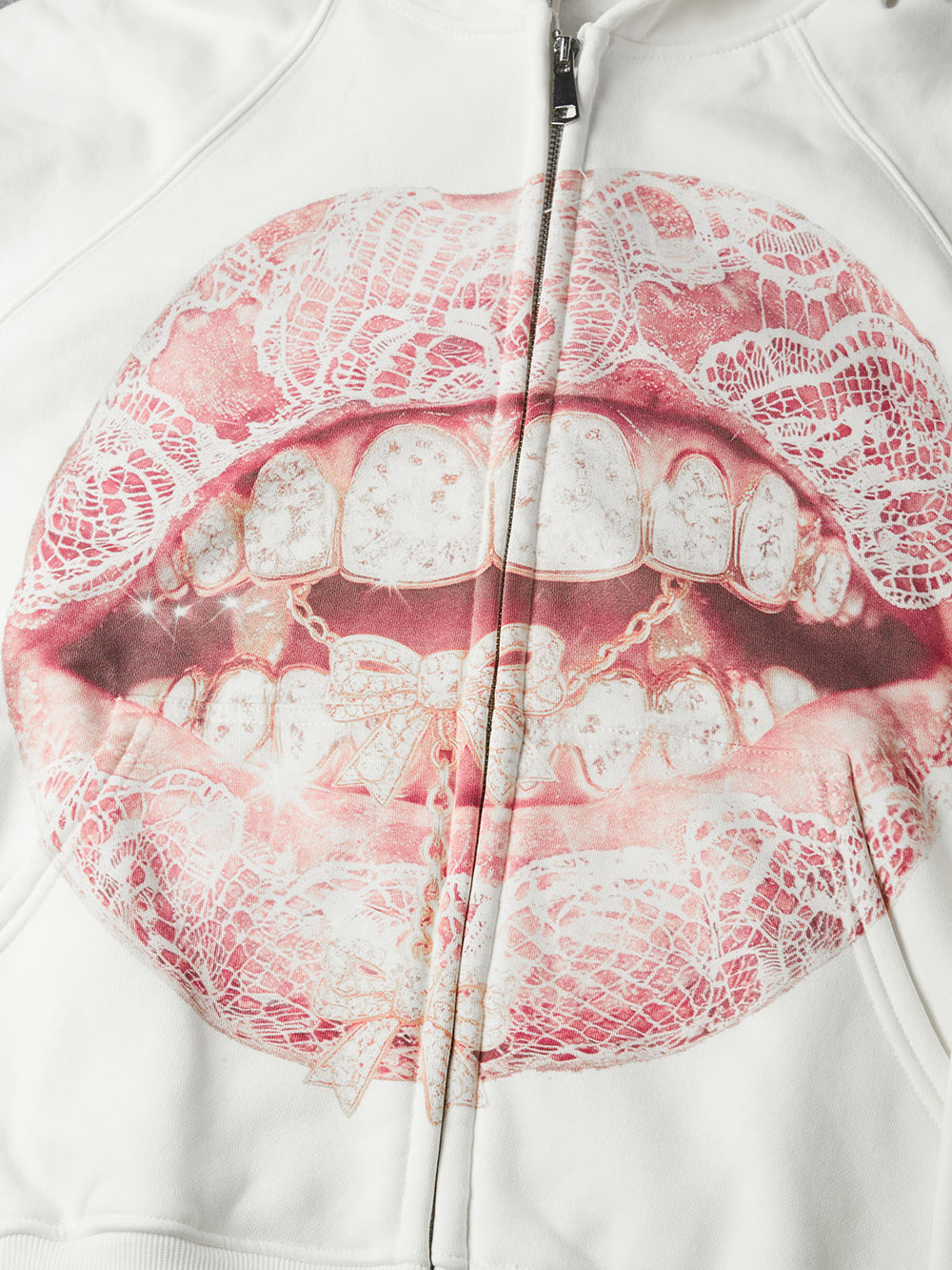 Pembe Fiyonk Dudak Beyaz Unisex Fermuarlı Sweatshirt