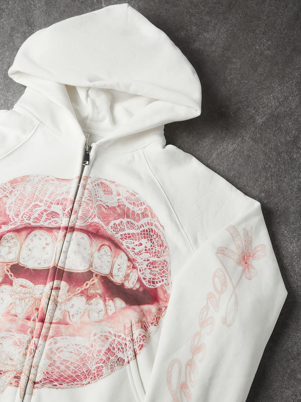 Pembe Fiyonk Dudak Beyaz Unisex Fermuarlı Sweatshirt