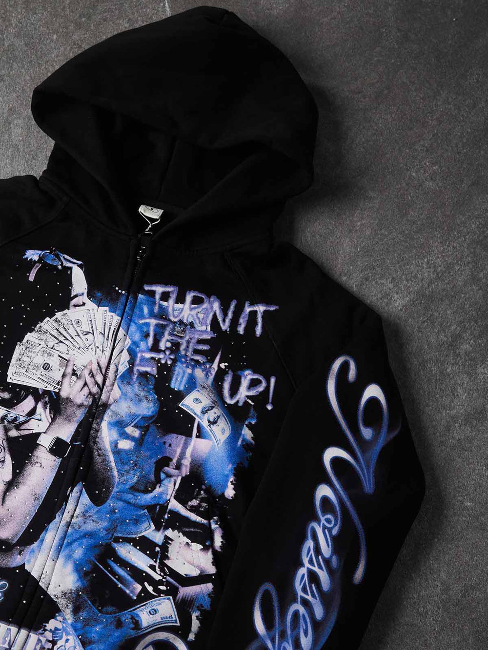 Neon Para Partisi Siyah Unisex Fermuarlı Sweatshirt