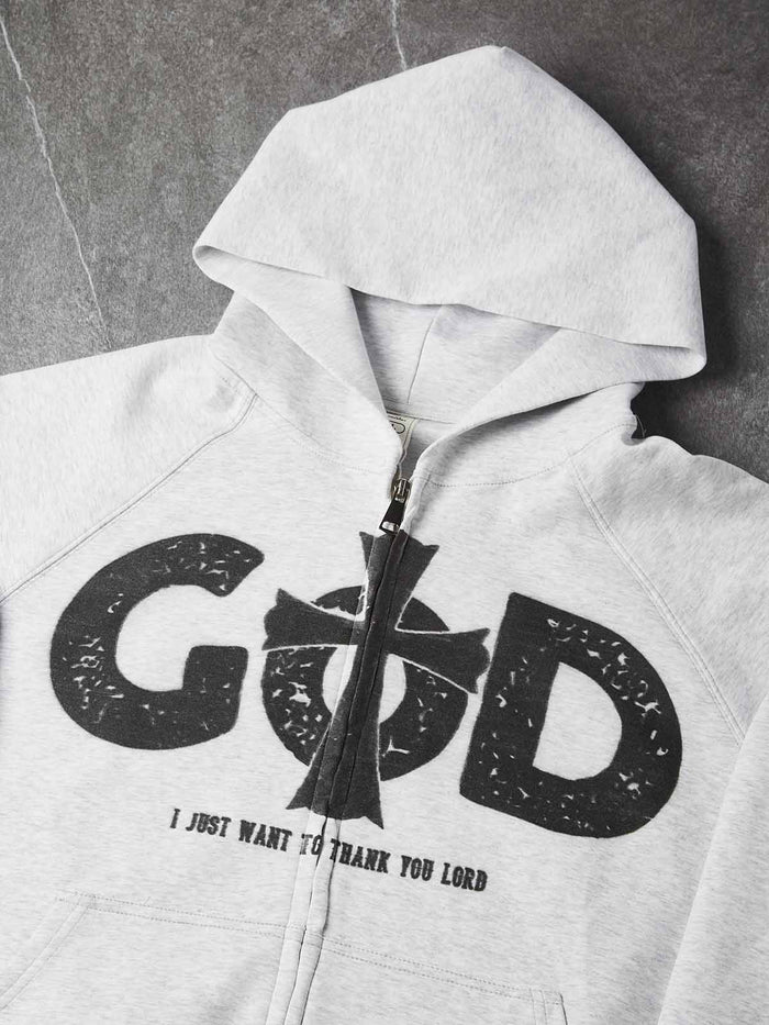 Eskitme Dini Haç Melanj Gri Unisex Fermuarlı Sweatshirt