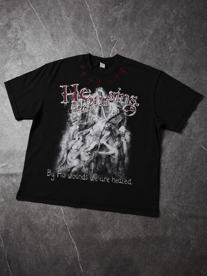 He Bore Our Sins Siyah Unisex Tişört