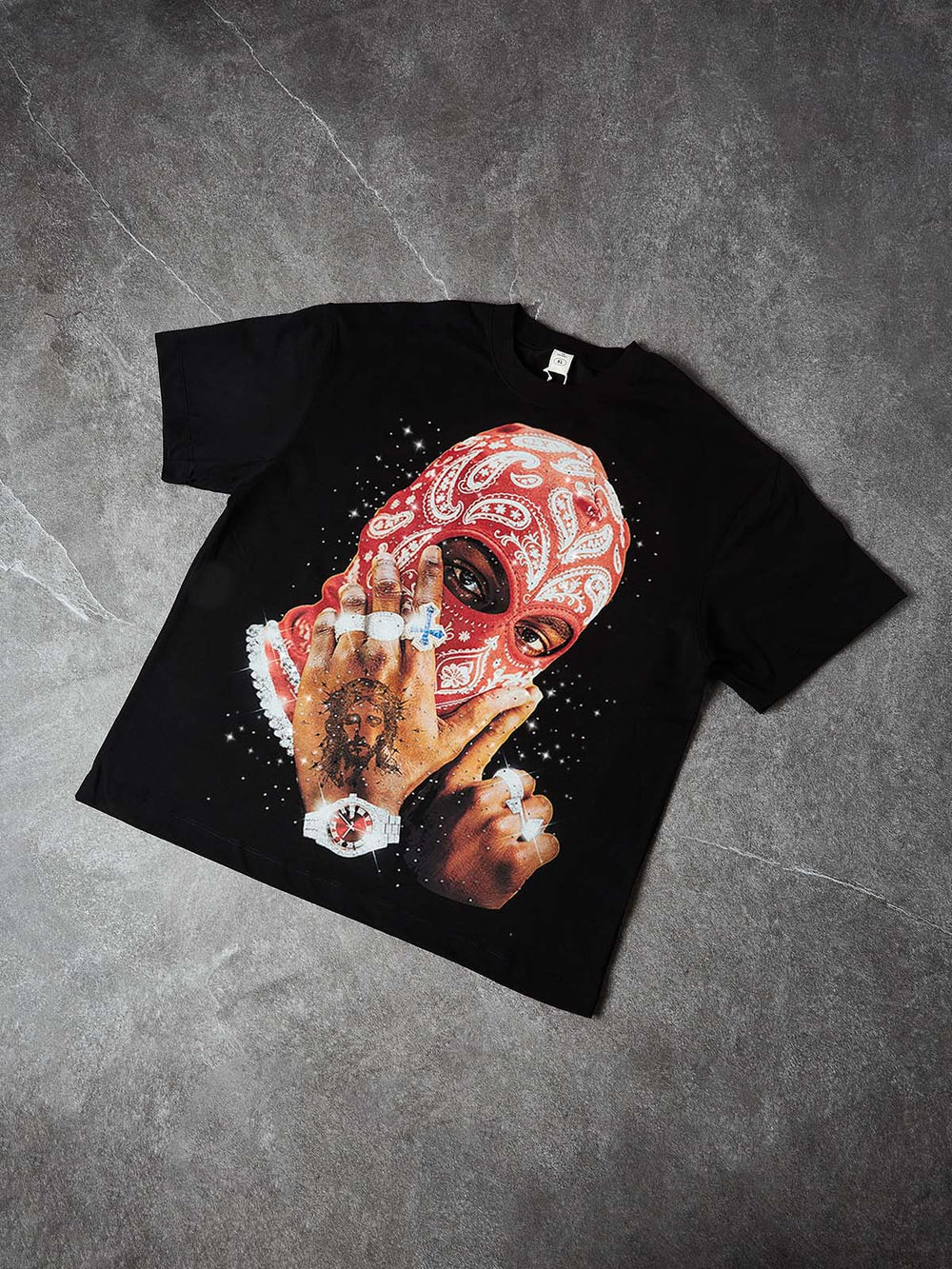 Kırmızı Bandana Maske Siyah Unisex Tişört