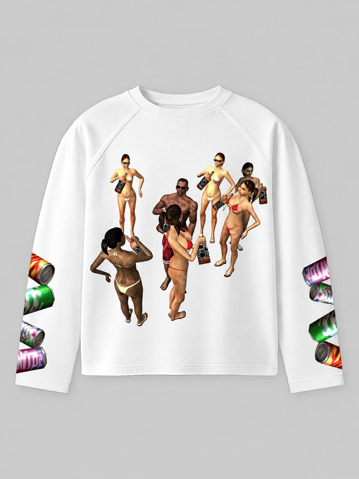 Retro Havuz Partisi Beyaz Unisex Uzun Kollu Tişört