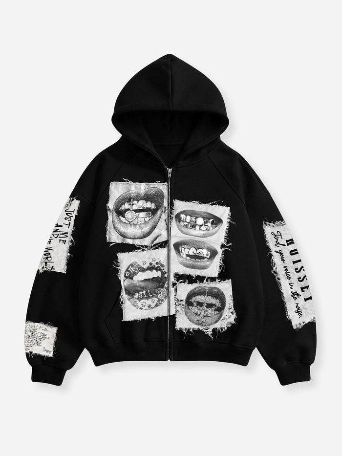 Siyah Beyaz Grillz Unisex Fermuarlı Sweatshirt