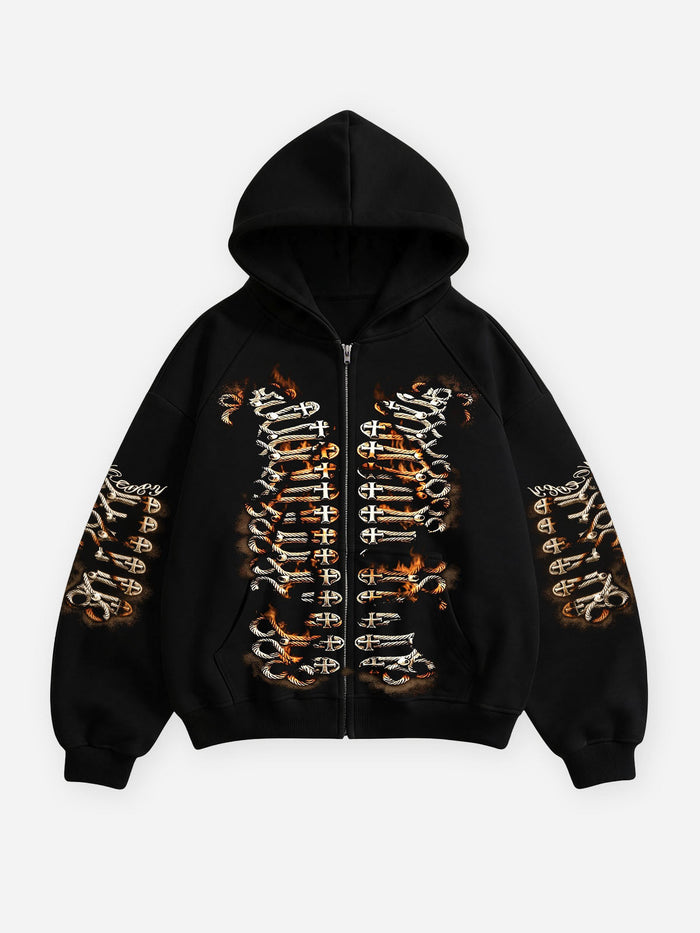 Alev İskelet Haç Siyah Unisex Fermuarlı Sweatshirt