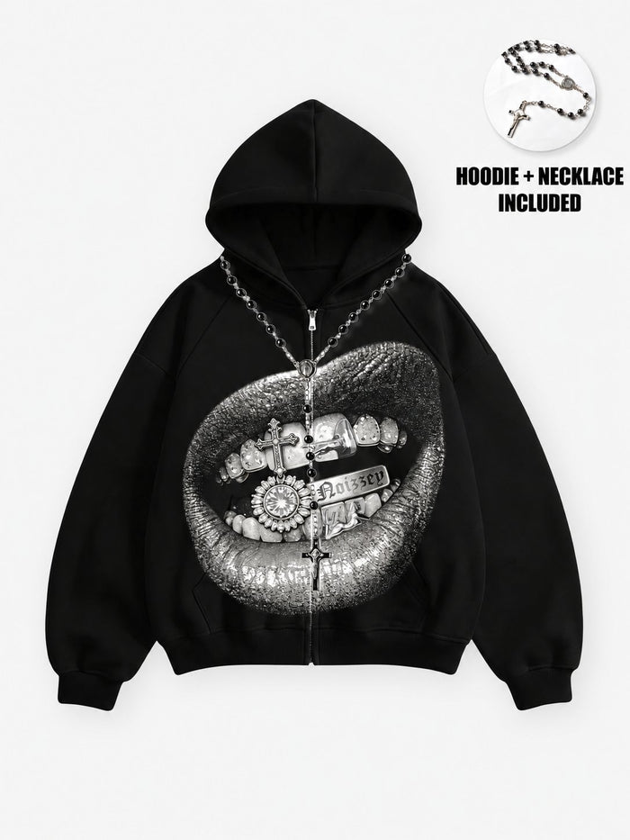 Gothic Grill Lips Siyah Unisex Fermuarlı Sweatshirt