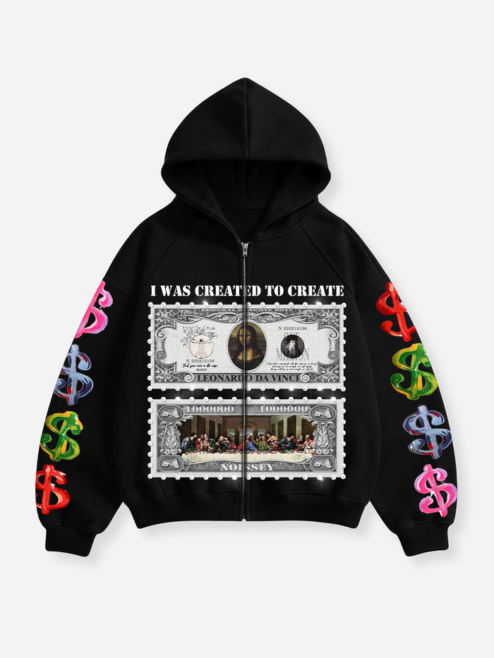 Da Vinci Dolar Siyah Unisex Fermuarlı Sweatshirt