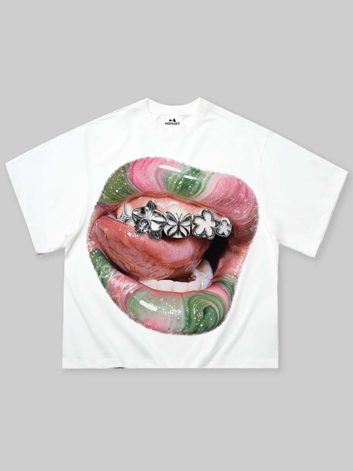 Mermer Dudak Grillz Beyaz Unisex Tişört