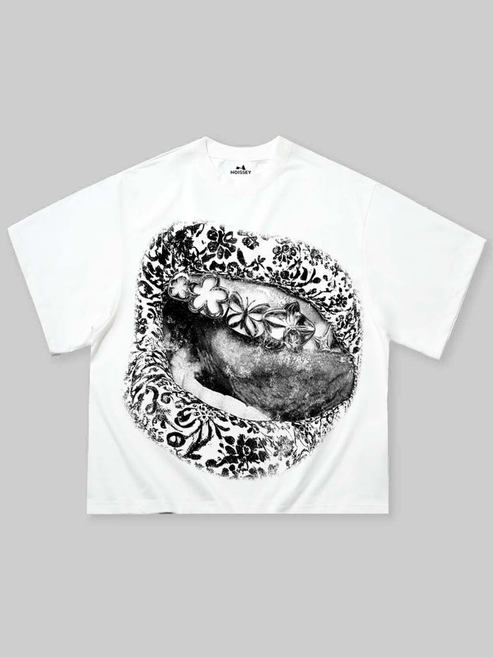 Çiçekli Eskiz Dudak Beyaz Unisex Tişört