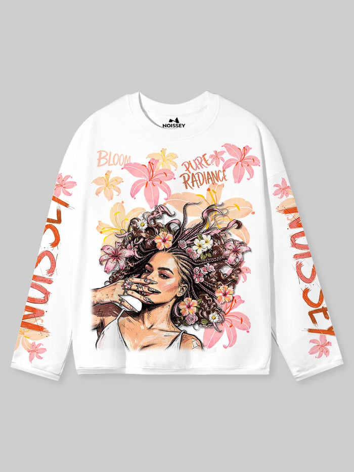Çiçekli Örgülü Kız Beyaz Unisex Uzun Kollu Tişört