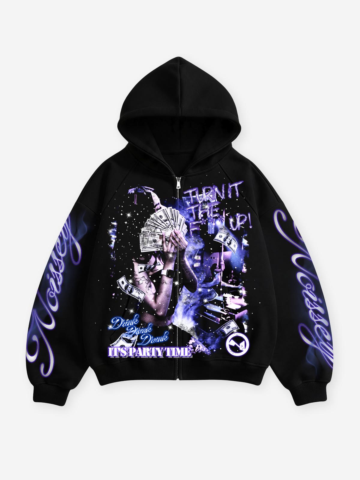 Neon Para Partisi Siyah Unisex Fermuarlı Sweatshirt