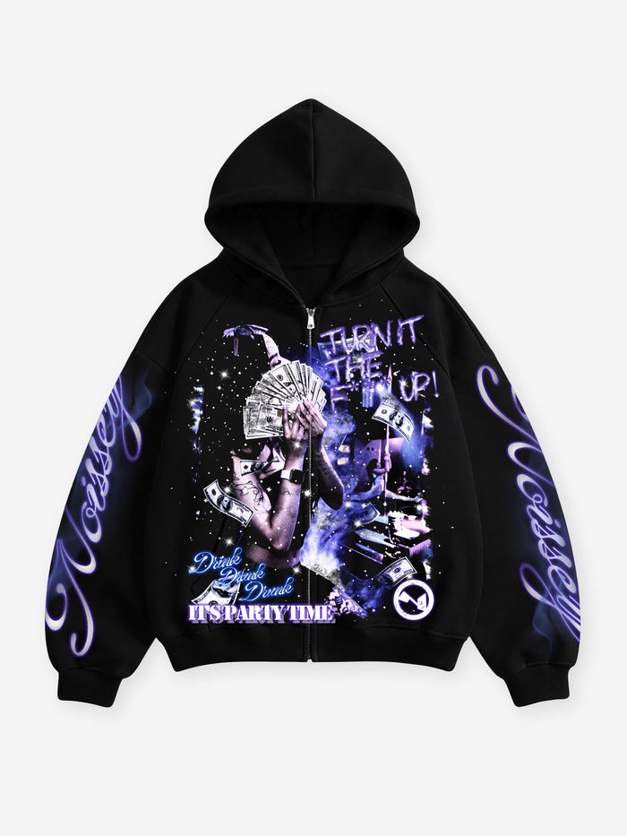 Neon Para Partisi Siyah Unisex Fermuarlı Sweatshirt