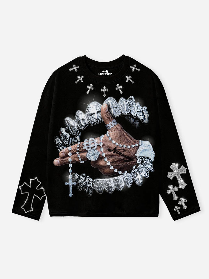 Iced-out Rosary Siyah Unisex Uzun Kollu Tişört