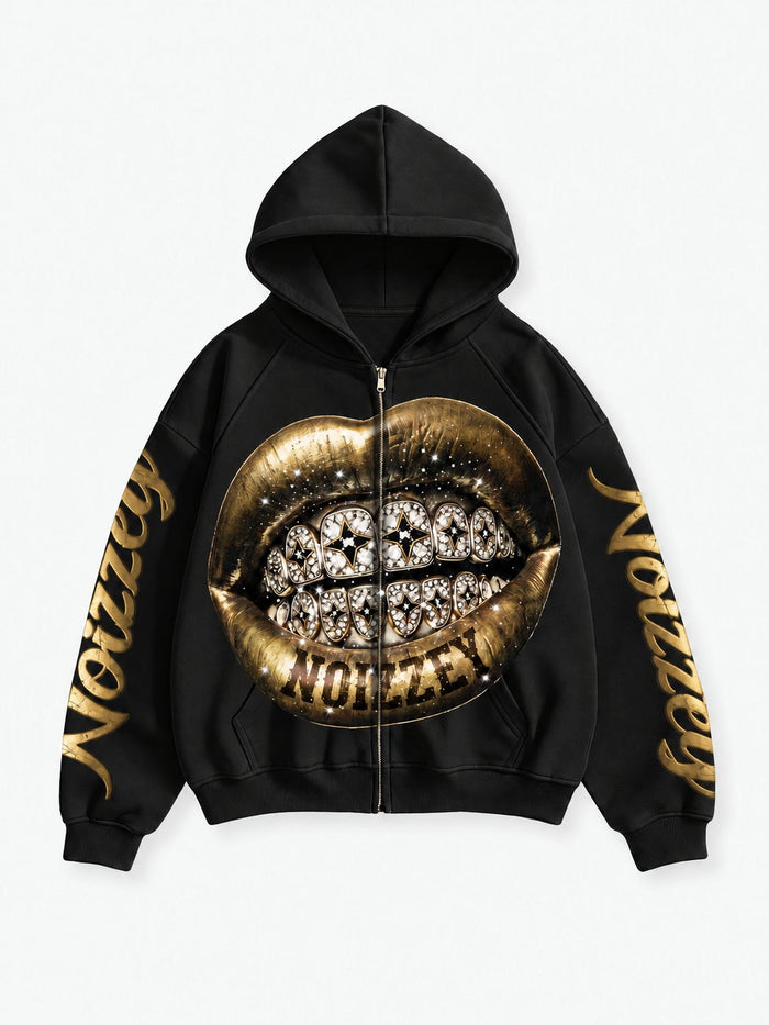 Altın Dudak Siyah Unisex Fermuarlı Sweatshirt