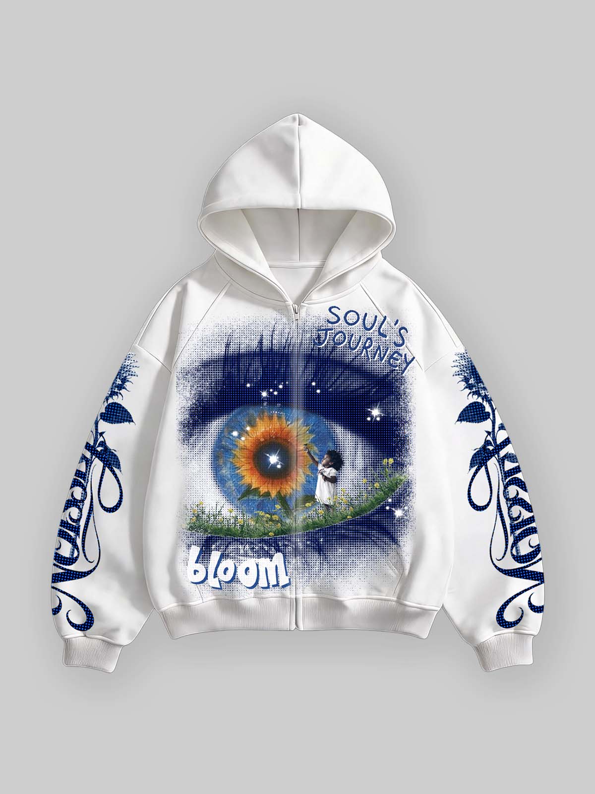 Soul’s Journey Mavi Göz Beyaz Fermuarlı Sweatshirt