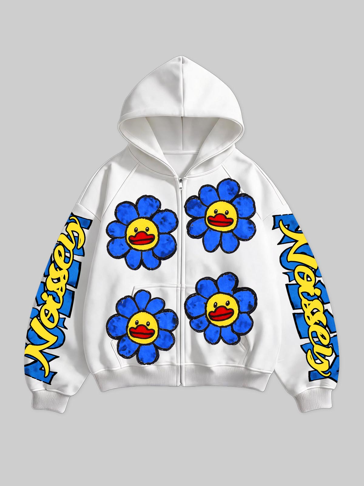 Mavi Çiçek ve Ördek Beyaz Fermuarlı Sweatshirt